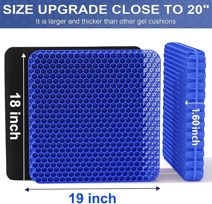 Gel Seat Cushion, Super Large (19x18x1.6inch) Gel Cushion Chair Pads with Non-Slip Cover for Home Office Car Seat Wheelchair, Soft Breathable Honeycomb Seat Cushion for Relieve Hip Pain