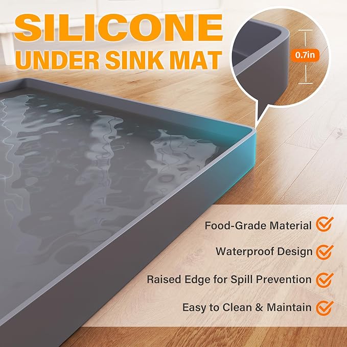 FLATO Waterproof Under Sink Mat 28" x 22" Shelf Liner for Kitchen and Bathroom, Cabinet Protector, Organizers and Storage, Flexible Silicone Drip Tray