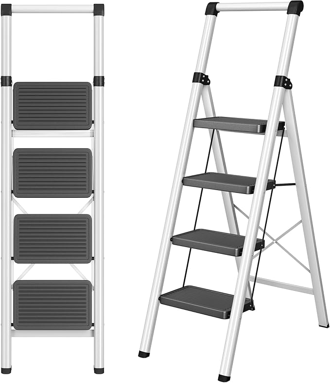 DIAMONDFORGE 4 Step Ladder, Folding Step Stool with Wide Anti-Slip Pedal, Soft Grip Handle & Non-Slip Feet, Sturdy Steel Ladder with 600 lbs Capacity for Home, Kitchen & Office, Black Grey