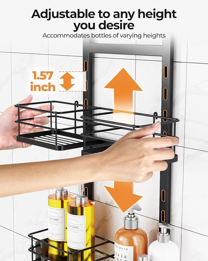 ODesign 2 Tier Height-Adjustable Partition Shower Caddy Hanging Anti-Swing-Over The Shower Head Caddy Storage Organizer Bathroom Shelves Basket-Black