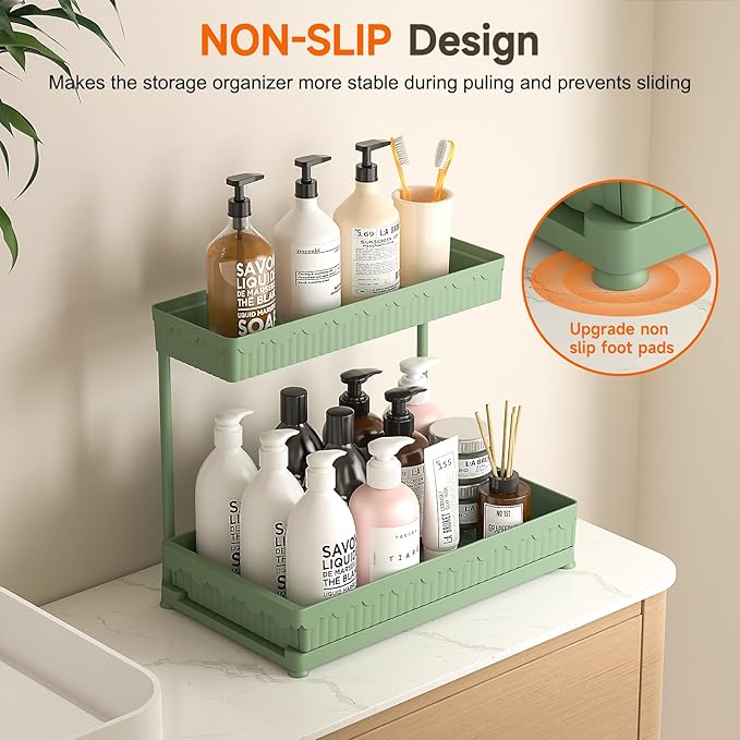 Sevenblue 3 Pack Multi-Purpose Pull-Out Storage Organizers, 2-Tier L-Shaped Under Sink/Cabinet Organizers and Storage for Bathroom & Kitchen,Green,14.85 Inch