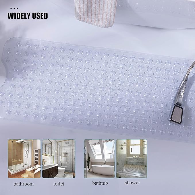 Extra Long Non Slip Bathtub Mat - 40 x 16 Inch Machine Washable Tub Mats with Suction Cups and Drain Holes for Bathroom
