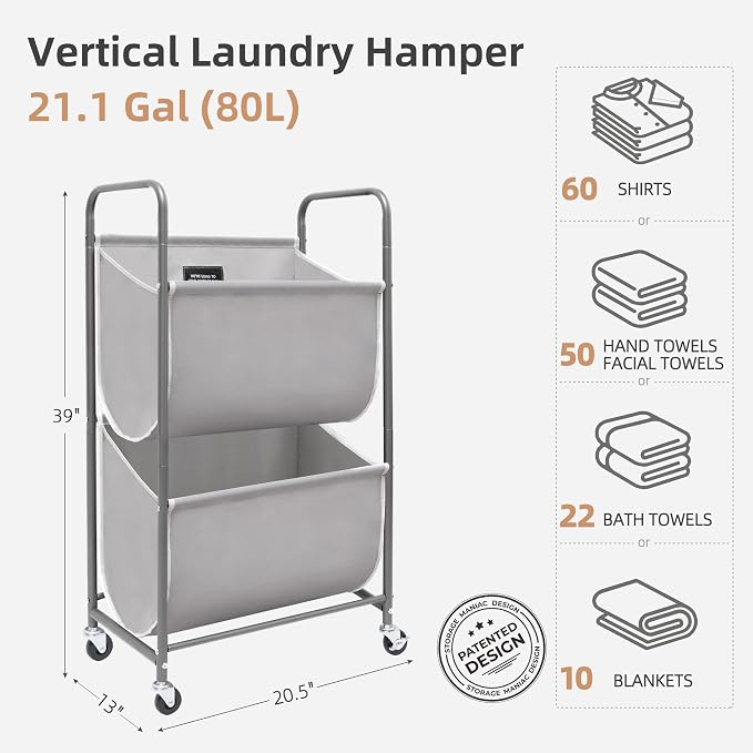 STORAGE MANIAC 80 Liters Vertical Rolling Laundry Hamper, 2 Section Laundry Sorter with Wheels and 2 Breaks, 2-tier Laundry Baskets for Small Space, Dorm, Laundry Room, Closet, Bathroom, Gray 2-tier