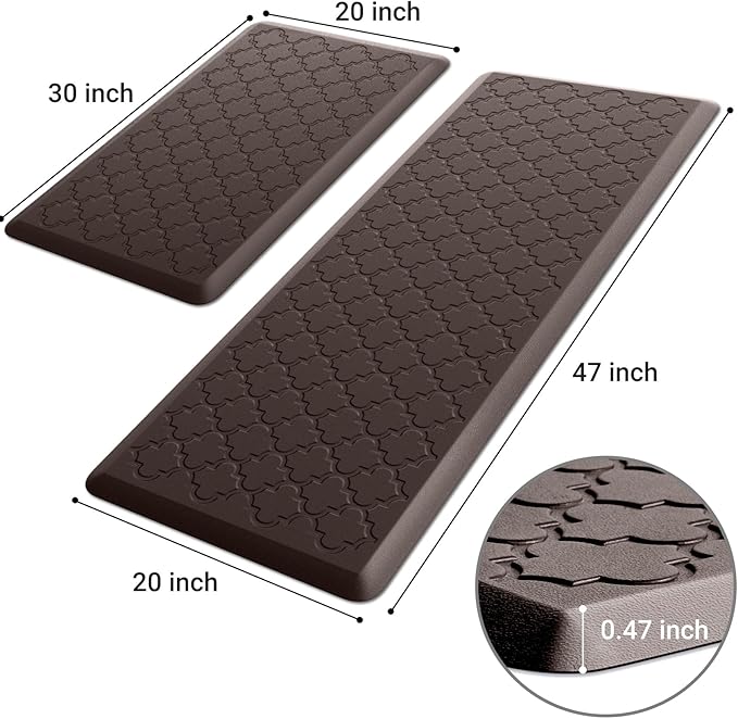 Kitchen Mat [2 PCS] Cushioned Anti-Fatigue Floor Mat Water Resistant Non-Skid Kitchen Mats and Rugs Ergonomic Comfort Foam Kitchen Rugs Standing Mat for Floor Office Sink (Chocolate,20"x30"+20"x47")