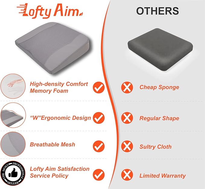 Lofty Aim Car Seat Cushion, Comfort Memory Foam Car Cushions for Driving - Sciatica & Lower Back Pain Relief, Driver Seat Pillow for Auto, Office Chair, Wheelchair - Gray