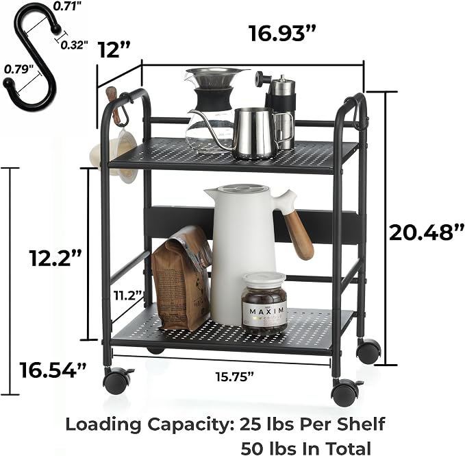 2-Tier Metal Rolling Cart, Under Desk Storage with 12.2" Shelf Clearance, Anti-Drop Guard & Hooks, Compact Utility Cart for Kitchen, Office, Laundry, Bathroom, Pantry, Living Room - Black