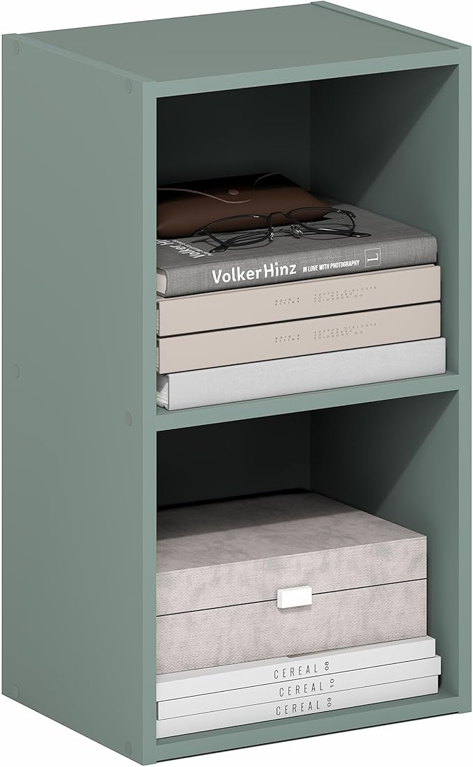 Furinno PASIR Book Shelf, 2-Tier Modern Bookshelf, Open Shelves Bookcase 9 x 12 x 21, Easy Assembly, for Living Room, Bedroom, Home Office, Sage Green