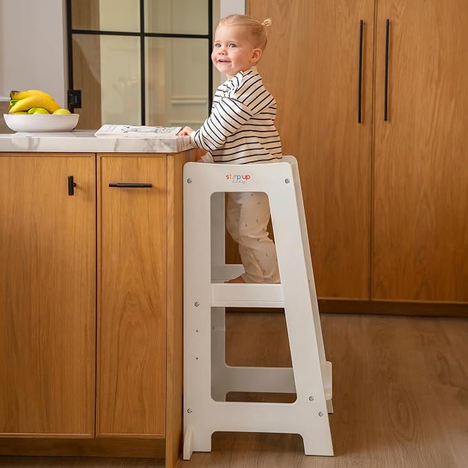 Stepup Baby Toddler Standing Tower - 3 Level Adjustable Wooden Kitchen Step Stool, Bathroom Sink, Kitchen Counter, Kids 18 Months to 4 Years Gift - White