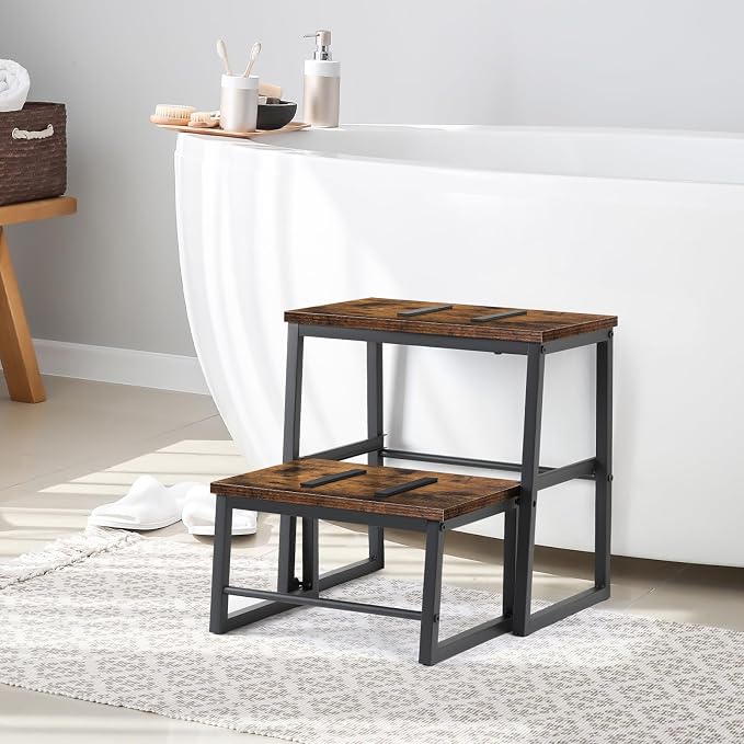 LIANTRAL 2 Step Stools for Adults & Kids, Heavy Duty 2-in-1 Stepping Stools Adjustable Retractable Wooden Stool, Metal Frame, Non-Slip Bedside Foot Stool, for Bed, Kitchen, RV Step - Rustic Brown