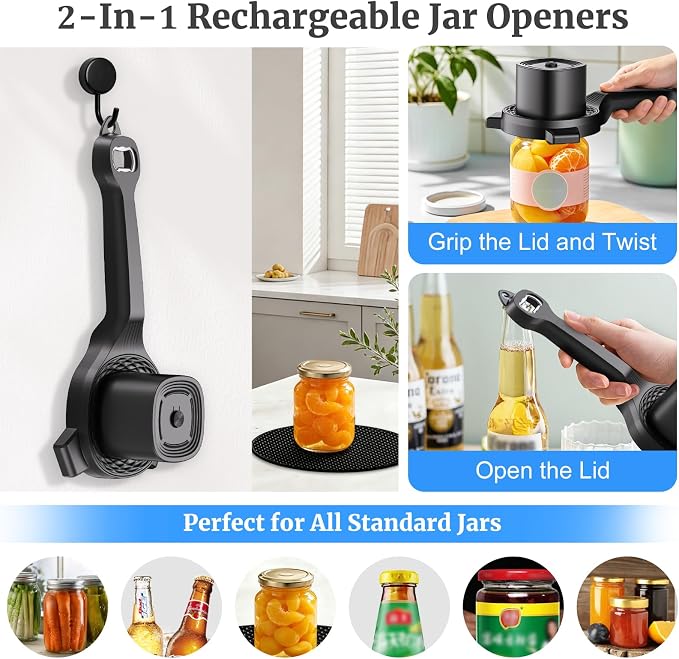 Rechargeable Electric Jar Opener, 2-in-1 Jar Opener Electric And Bottle, With Power-Clamp Technology, Easy Opening Opener For Weak Hands & Seniors & Arthritis, Includes Free Rubber Gripper Pad