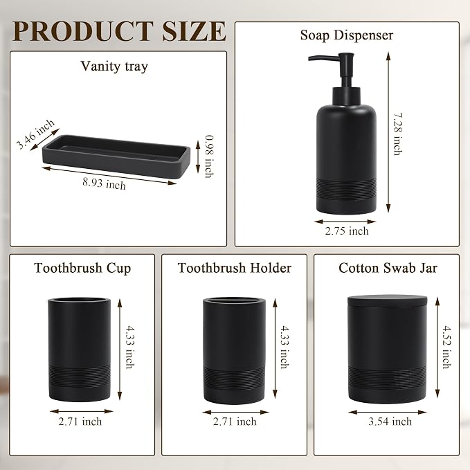 Bathroom Accessories Set, 6-Piece Bathroom Accessory Set, Toothbrush Holders Set, Soap Dispenser, Vanity Tray, Tumbler, Cotton Swab Jars, Bathroom Organizer for Modern Bathrooms(Matte Black)