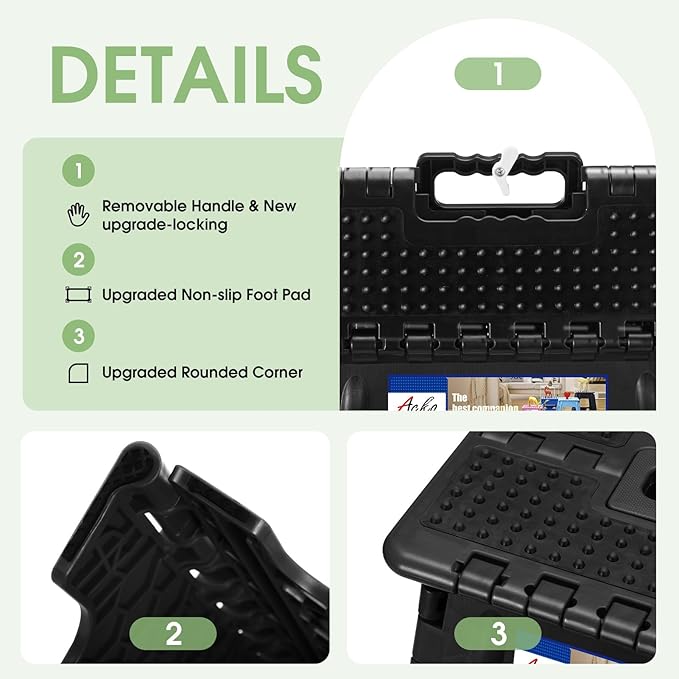ACKO Folding Step Stool Foldable 17.5 Inch Stools for Adults and Kids,Plastic Stools Tall 400 lbs Capacity, Collapsible Stool for Kitchen, Stepping Foot Stool with Handle, Dot Black,1 PC