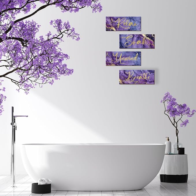 ONIZHITY 4 Pcs Purple and Gold Bathroom Decor Purple Gold Wall Decor Relax Soak Unwind Breathe Wooden Rustic Marble Style Bathroom Accessories for Bedroom Living Room Decor (10X4)