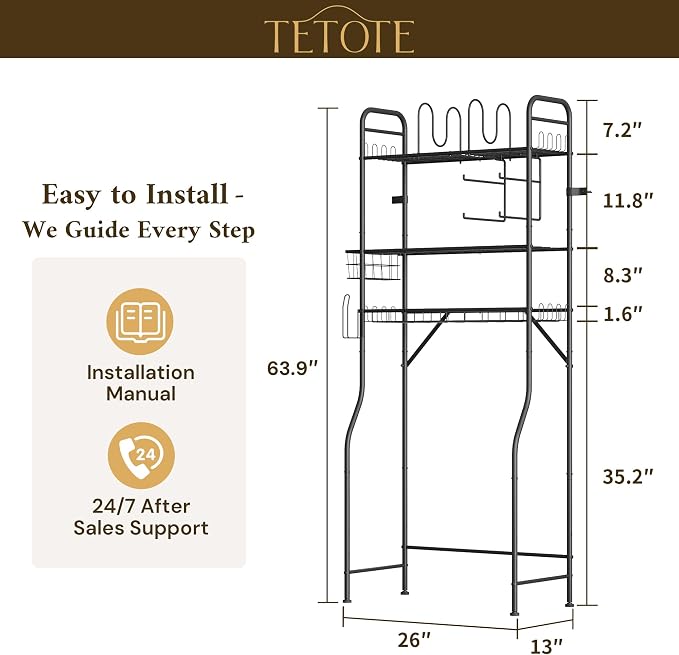 TETOTE Over The Toilet Storage Rack, 3-Tier Bathroom Organizer Shelf Over Toilet with Toilet Paper Roll Holder, Freestanding Metal Rack, Black