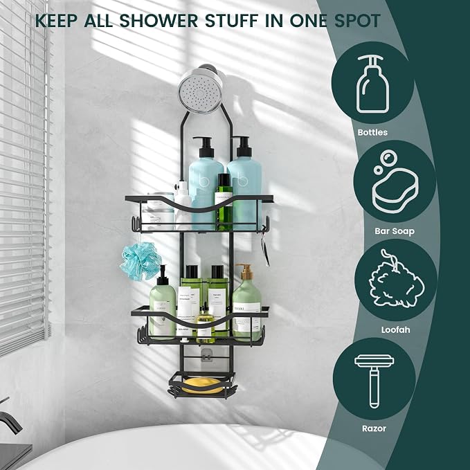 Shower Caddy Hanging Adjustable Shower Caddy, Rustproof Shower Organizer Extended Length Shower Caddies Over Shower Head with Hooks Soap Holder, Large Capacity Anti-Swing Bathroom Storage, Black