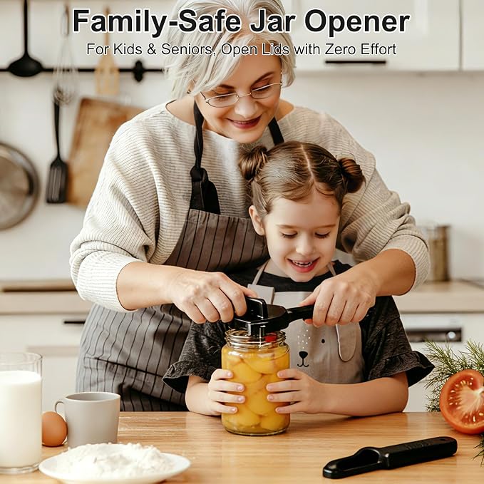 Jar Openers for Seniors, 4-in-1 Can Opener for Weak Hands & Seniors – Ergonomic Non-Slip Handle, Fits 1-3.5 Inch Kitchen Mason Jars, Bottles & Cans (Black)