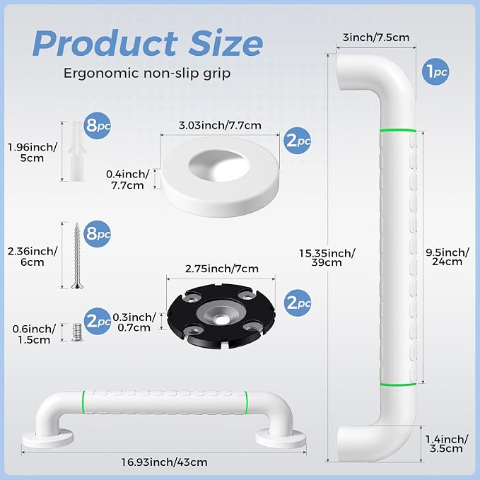 Grab Bars for Bathtubs and Showers, 16 Inch Anti Slip Bathroom Safety Shower Handles for Seniors Handicap Elderly Assistance, Hand Rails for Toilet Walls Bath Tub, 1" Stainless Steel Handrail（White）