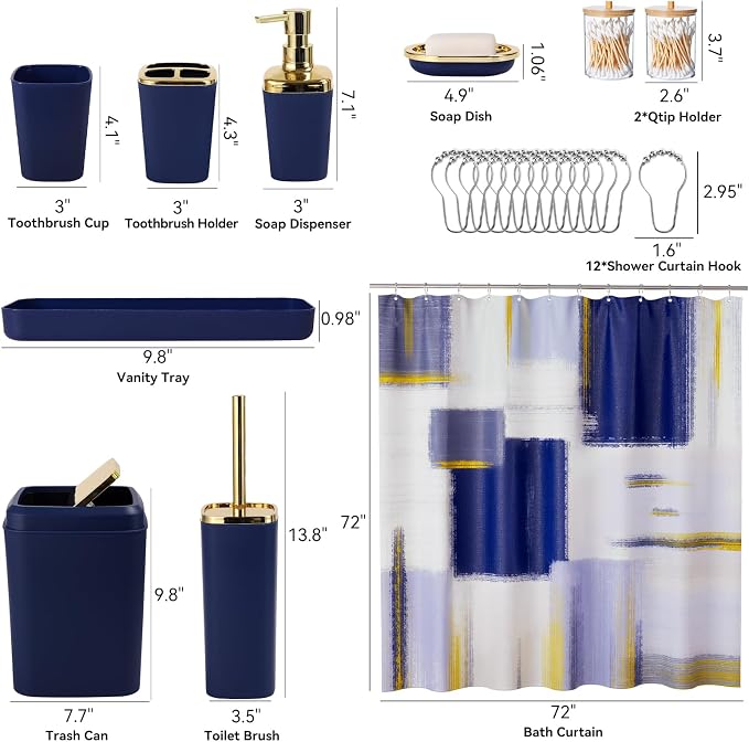 XLHOMO Blue and Gold Bathroom Accessories Set, Bathroom Sets with Shower Curtain, Blue Bathroom Accessories with Trash Can, Soap Dispenser, Soap Dish, Toilet Brush Holder, Qtip Holders for Bathroom