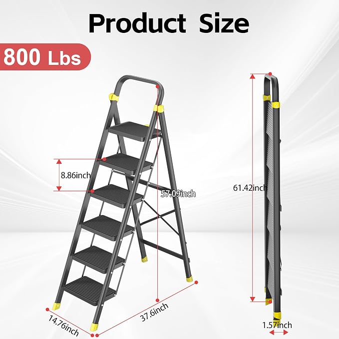 DIAMONDFORGE 6-Step Foldable Step Stool Ladder with Handle, Anti-Slip Pedals & Feet, 800lbs Capacity for Home Kitchen Adults, Black Yellow