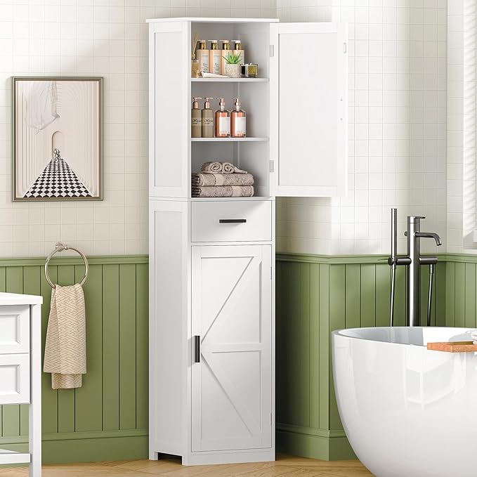 WEENFON Tall Bathroom Cabinet, Storage Cabinet with 6 Shelves & Drawer, Bathroom Storage Cabinet with Adjustable Shelves, Tall Cabinet for Living Room, Home Office, White