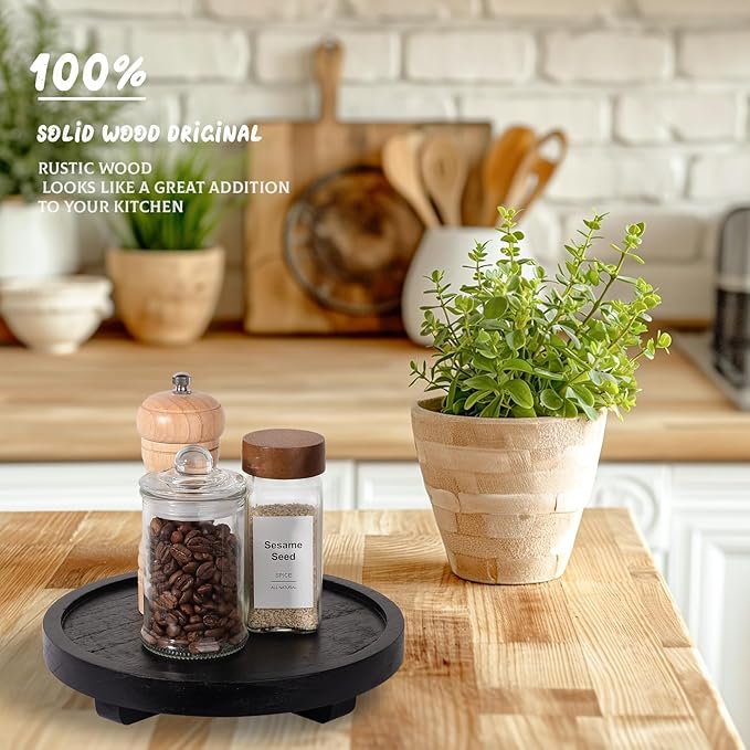 Round Decorative Tray Wood Bathroom Counter Organizer Farmhouse Kitchen Decor Wooden Riser for Soap Dish, Perfume, Candle, Sponge, 8" - Black