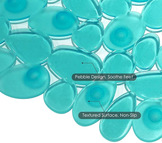WELTRXE Non Slip Bath Mat Pebbles Bathtub Mat with Suction Cups, Drain Holes for Bathroom Showers, Tub, 35 x 16 Inches Machine Washable Bathroom Mats BPA, Latex Free Safe Shower Mats - Teal