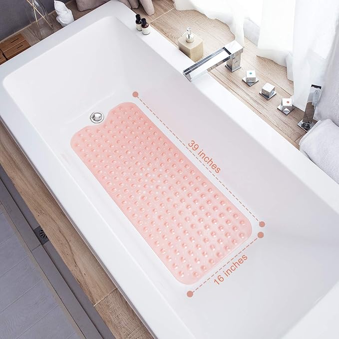 TEESHLY Bathtub Mats for Shower Tub, Extra Long Non-Slip 39 x 16 Inch Bath Mat with Drain Holes and Suction Cups, BathMat for Bathroom with Machine Washable (Clear Coral Pink)
