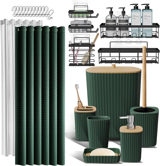 Clara Clark Bathroom Accessories Set - Bathroom Set with Adhesive Corner Shower Caddy Hanging, 25PC Bathroom Accessory Set, Hunter Green Shower Curtain Set, Toilet Brush, Trash Can & Soap Dispenser