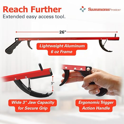 Sammons Preston Reacher, 26" Lightweight Grabber Reacher Tool with Magnetic Tip, Ergonomic Grip & Claw Jaw, Portable Reaching Aid for Seniors, Daily Living & Home Use, Standard Red, 2 pack