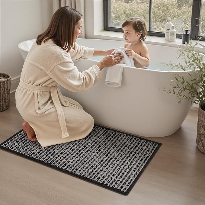 AMOAMI Unique Woven Bathroom Runner Rug, Super Absorbent Non Slip Bath Mats for Bathroom Textured Bathroom Mat Quick Dry Boho Rugs Runners for Hallyways Kitchen Bedroom Beside Tub, 2' x 4', Black