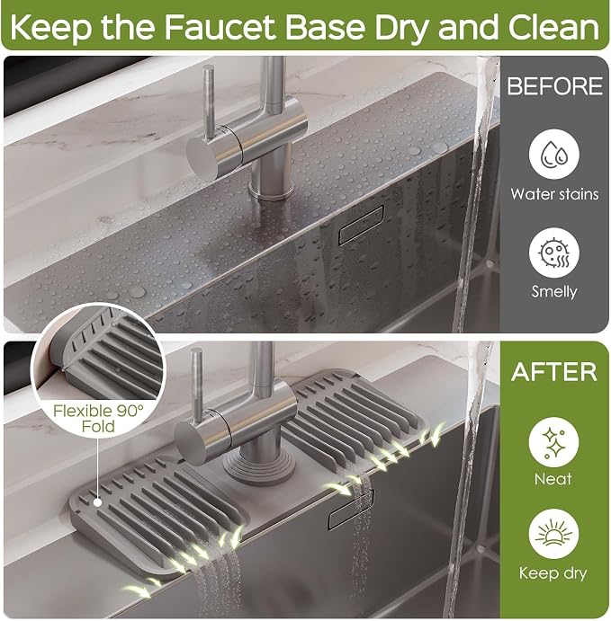 15 Inch Silicone Faucet Mat for Kitchen Sink Splash Guard – 2025 Upgraded Draining Mat with Water Tray Behind Faucet – Countertop Protectors to Catch Spills (Gray, 14.6" x 5.5")