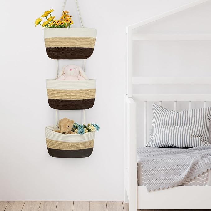 TeoKJ Over the Door Hanging Basket, 3-Tier Woven Cotton Wall-Mounted Storage Organizer Bag Decorative Hanging Nursery Baskets，Gradient Brown