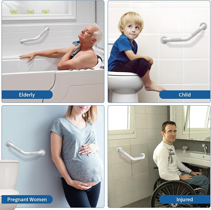 16 Inch Angled Shower Grab Bar White, Munzong 2 Pack Anti Slip Bathroom Grab Bar, Knurled Bathroom Balance Bar,Safety Hand Rail Support Handicap Elderly Injury Senior Assist Bath Handle-1.25” Tube