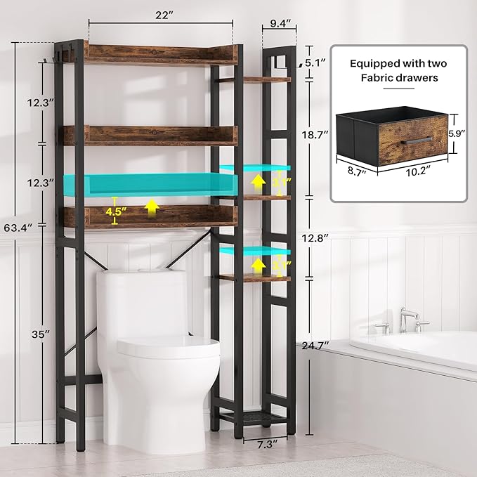 Besiost Over The Toilet Storage, 7 Tier Bathroom Organizer with Reversible Side Shelf and 2 Fabric Drawers, Adjustable Freestanding Rack Space Saver for Small Spaces, Rustic Brown