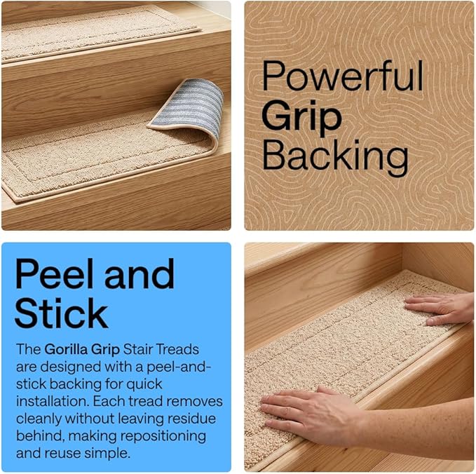 GORILLA GRIP Peel and Stick Stair Treads, 12 Pack, for Wooden Steps, Multi-Surface Use, Machine Washable Carpet Runners, Indoor Rugs for Stairs, Pet Friendly, Universal Size, Beige, 8x28 Inches