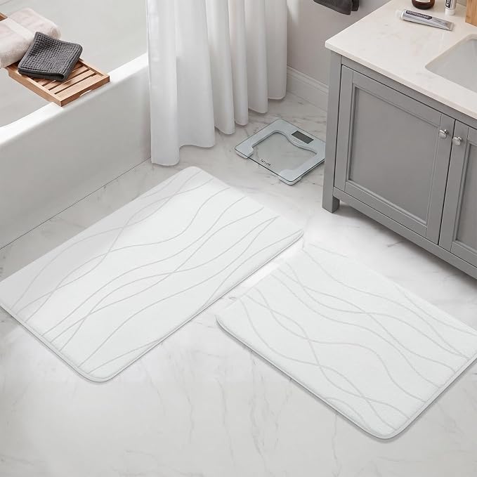 YIHOUSE Memory Foam Bathroom Rug Sets, White, 2 Piece (17"x24"+20"x32") | Ultra Soft, Absorbent, Non-Slip, Machine Washable