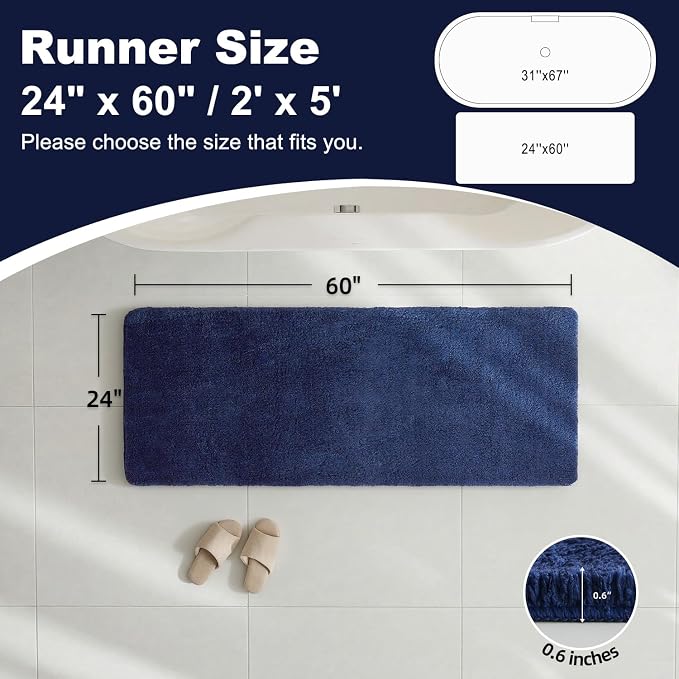 TYUU Bathroom Runner Rug, Ultra Soft Long Bath Mat Machine Washable Super Absorbent Quick Dry Bathroom Runner Rugs 24 x 60 Non Slip, Navy Blue 24" x 60"