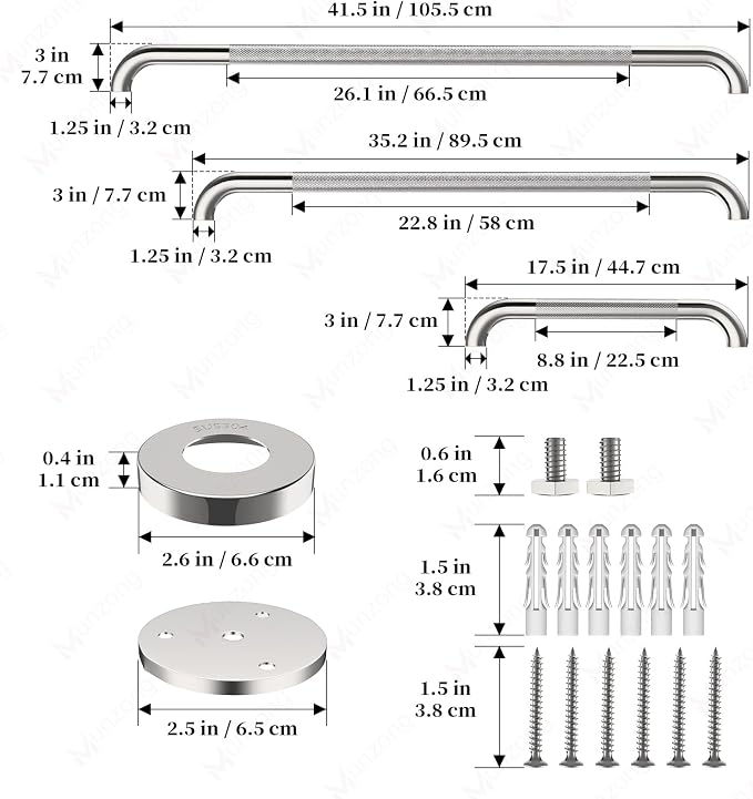 3 Pack Shower Grab Bar for Commercial, Munzong 18" 36" 42" Chrome Bathroom Grab Bar Bundle, 1.25" Diameter Anti Slip Handicap Balance Bar,Safety Hand Rail for Elderly Injury Senior Bath Handle
