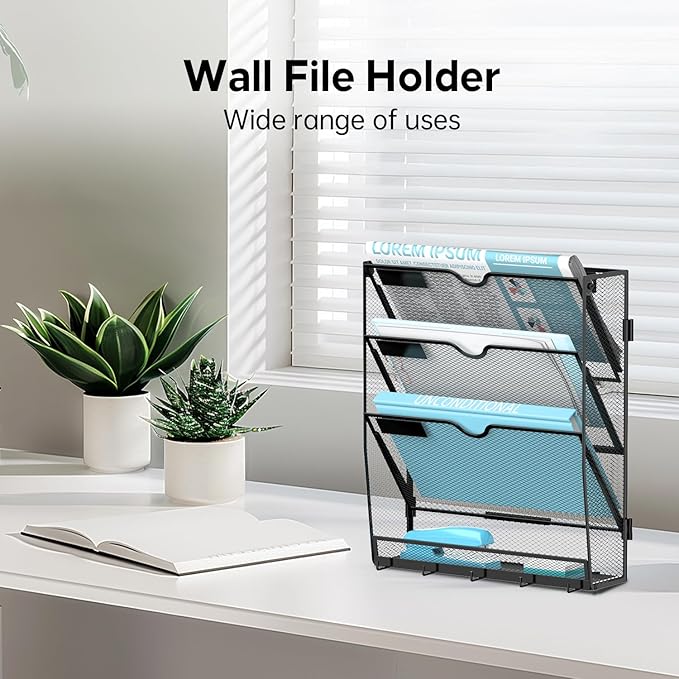 Wall File Organizer - Hanging File Organizer with 5 Hooks, Mail Holder Wall Mounted for Papers, Folders, Magazines, Bills, 4 Tier Office&School Organization, Black