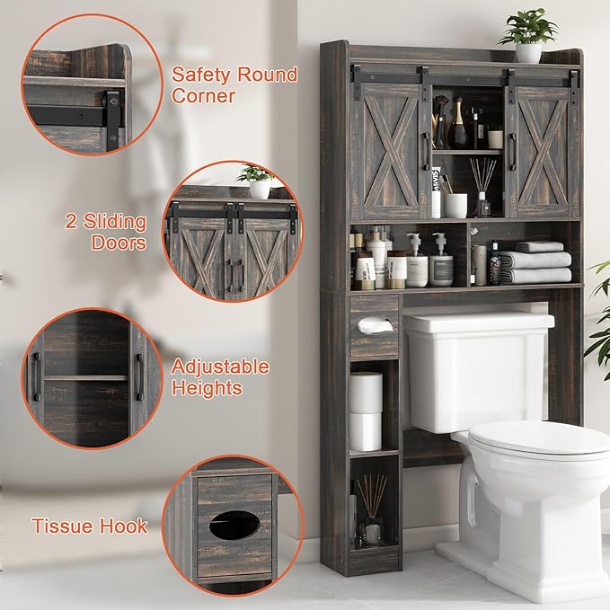 Vabches Over The Toilet Storage Cabinet, Farmhouse Storage Cabinet Over Toilet with Sliding Door& Toilet Paper Holder Stand，Home Space-Saving Toilet Rack, for Bathroom, Laundry and Restroom
