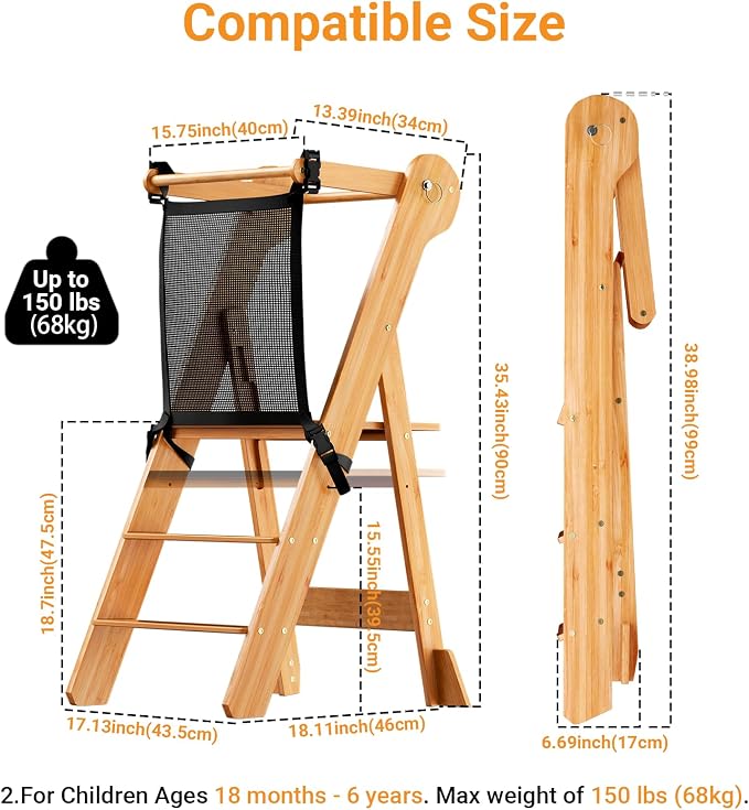 COSYLAND Foldable Toddler Standing Tower - Adjustable Height Folding Step Stool Kids Toddler Kitchen Stool for Learning and Cooking - Ages 18 Months to 6 Years with Safety Net Natural