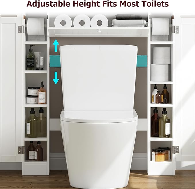 Over The Toilet Storage Cabinet, Bathroom Space Saver with Paper Holder and Adjustable Shelves, Freestanding Toilet Cabinet Organizer with 2 Side Doors and Pull-Down Door, White