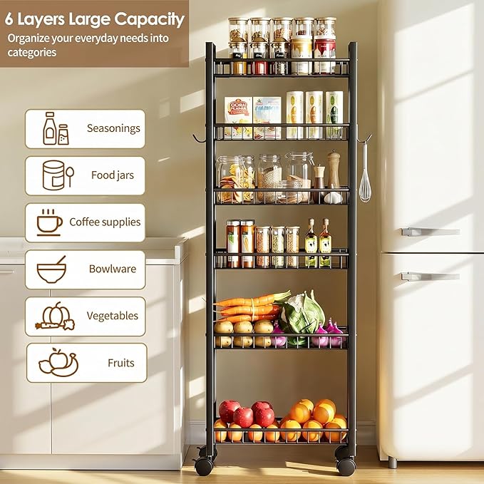 6 Tier Slim Storage Cart, Narrow Rolling Cart with Wheels, Narrow Mobile Utility Shelf Unit Organizer for Kitchen, Bathroom, Laundry Room, Living Room, Small Places, 6in(W), Black
