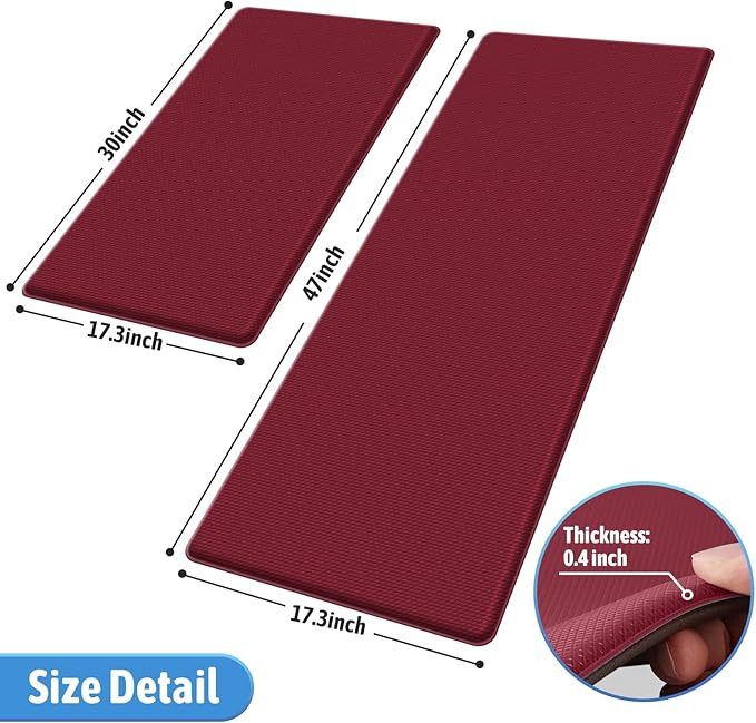 StepLively Kitchen Mat, 2 PCS Kitchen Rugs, Cushioned Kitchen Mats for Floor, Anti Fatigue Kitchen Rug Set, Non-Skid Standing Mat for Kitchen, Office, Sink, 17.3"×30"+17.3"×47", Red