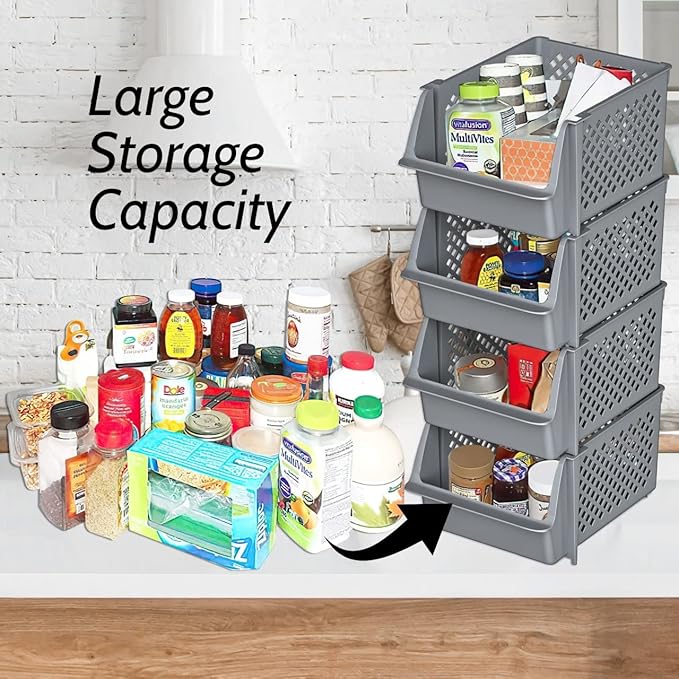 TidyFriend 4 Pack Stackable Storage Bins Open Front for Pantry Organizers and Storage, Pantry Storage for Food, Kitchen and Home Organization, Plastic Storage Bins, Dorm Room Essentials (Grey)