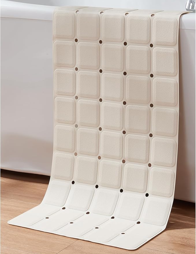 Webos Non-Slip Bath Mat for Tub & Shower：Silicone Foldable Bathtub Mat with Strong Suction Cups, Quick Drain Holes, Machine Washable Extra Large Bathroom Mats 35.8" x 17.7", Beige