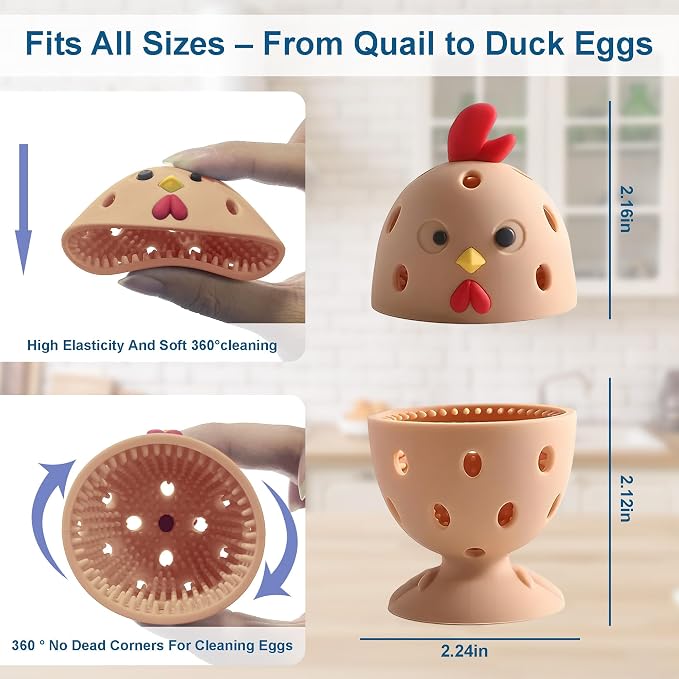 Egg Washer for Fresh Eggs, Egg Scrubber for Fresh Eggs, 2 Reusable Silicone Chicken Shaped Scrubs, Chicken Egg Cleaner, Eggshell Cleaner for Poultry Farm, Housewife Tools Vegetable Processing (Brown)