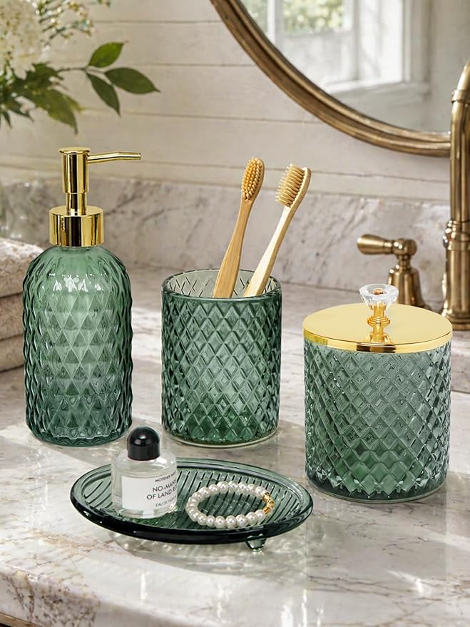 Haturi Bathroom Accessories Set, 4Pcs Sage Green Glass Bathroom Set Complete w/Bathroom Soap Dispenser Set, Toothbrush Holder, Qtip Holder, Soap Dish, Green Bathroom Decor, Gift for Home Apartment