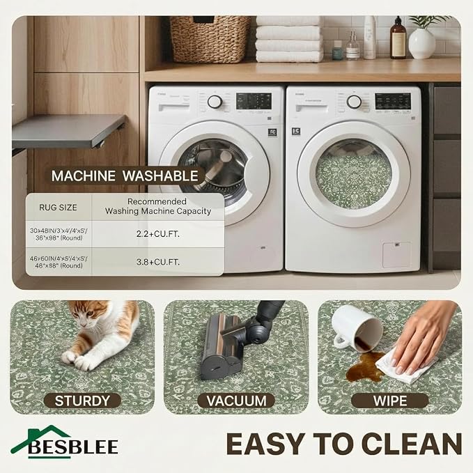 48"x72" Office Chair Mat for Hardwood Tile Floor, Under Desk Carpet Protector for Rolling Computer Chair Mat, Machine Washable Area Rug, Anti-Slip 1/5" Thick Low Pile Thin Vinyl Floor Mat, Sage