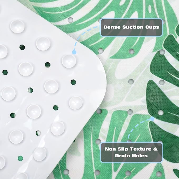 Tropical Leaves Bathtub Mat Non Slip, Boho Bath Tub Mat Baby Bath Mats for Bathroom Anti Slip Shower Mats for Inside Shower, Green Plants Bathmat with Suction and Drain Holes Machine Washable, 40″x16″